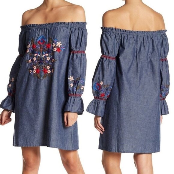 Max Studio 100% Cotton Floral Embroidered Off Shoulder Denim Chambray Dress M - Picture 1 of 15